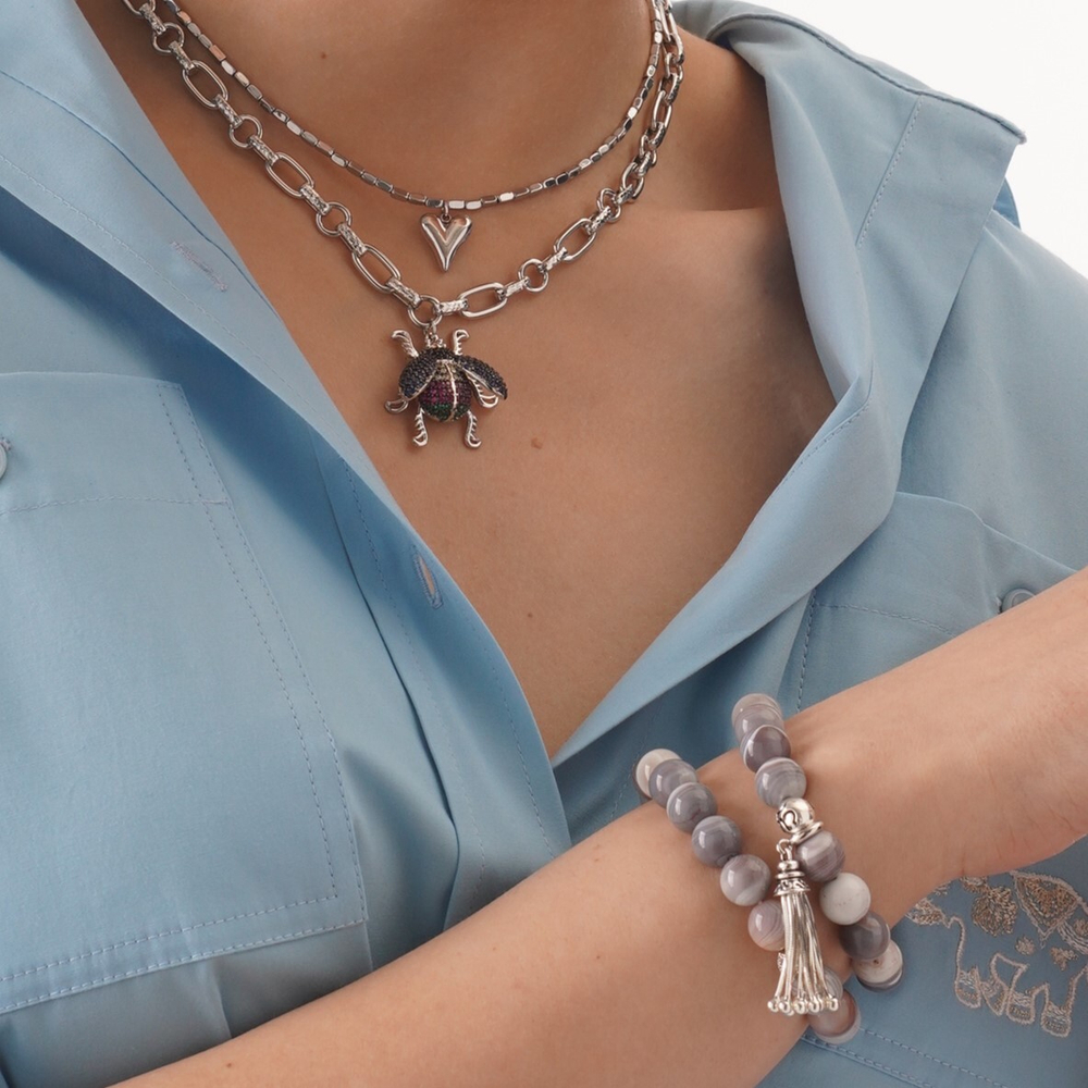 Браслет из агата Ботсвана и серебряной кисточки, silver