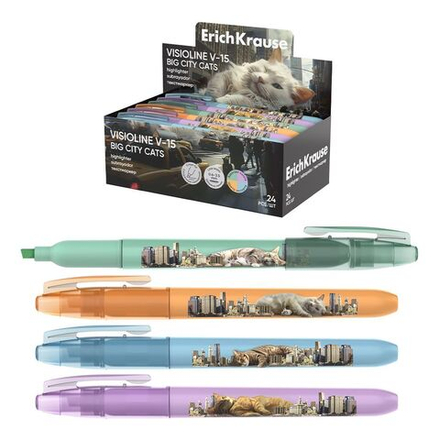 Набор текстовыделителей ЕК Visioline V-15 Big City Cats 4 цв. (желтый, зеленый, розовый, голубой)