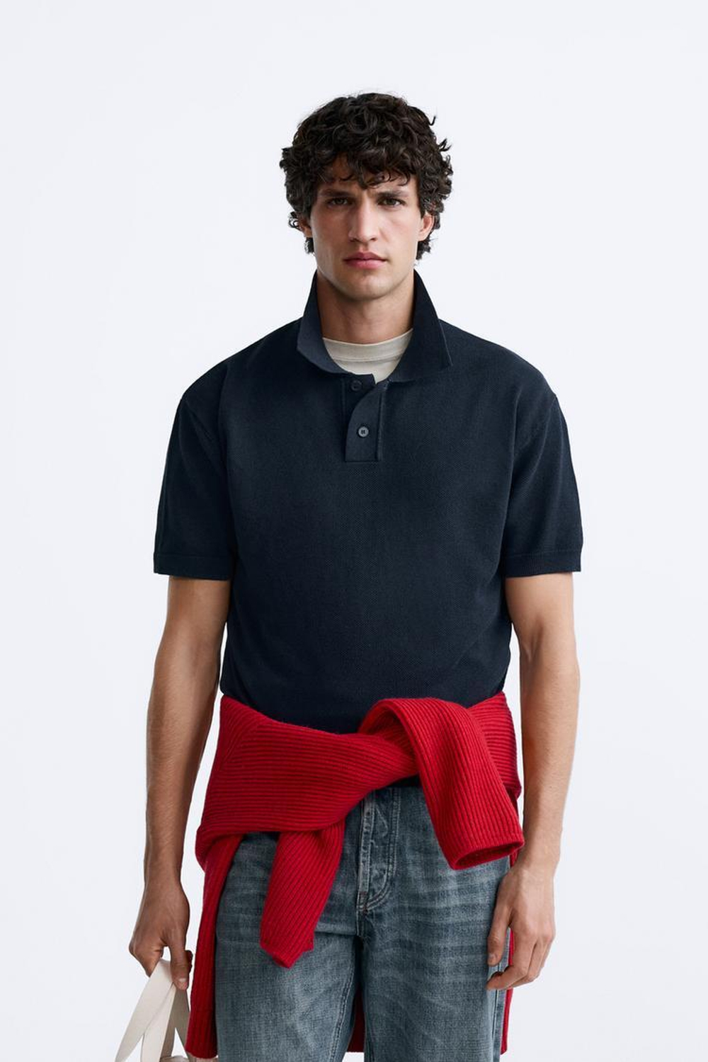 ZARA ПОЛО ИЗ РЕЛЬЕФНОГО ТРИКОТАЖА, МОРСКОЙ СИНИЙ