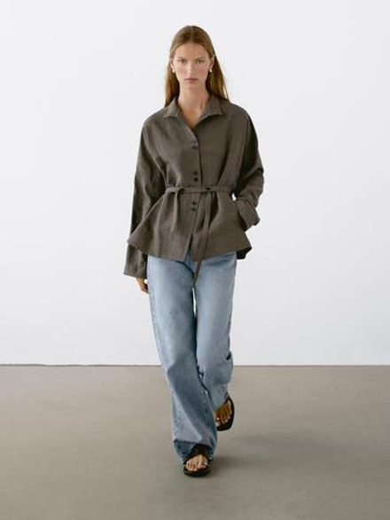 Massimo Dutti Куртка из смесового льна с воротником-стойкой, кротово-коричневый