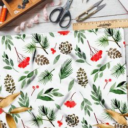 Ткань интерлок рябина с шишками и листьями
