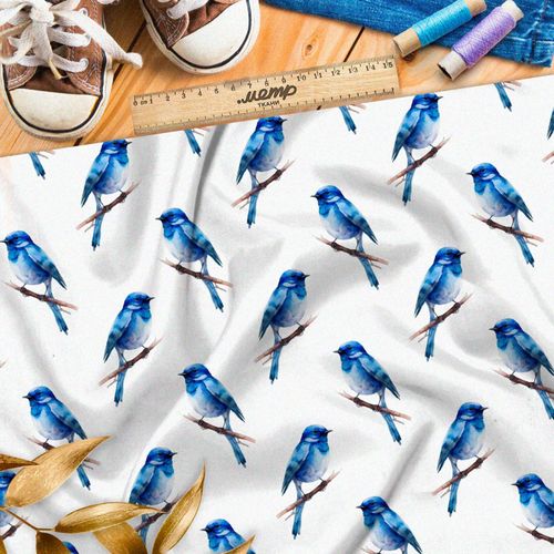 Ткань премиум сатин акварельные синие пичуги