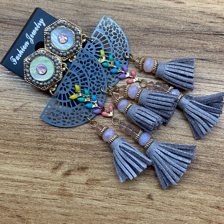 Клипсы Шестигранник перламутр стразы полукруг ажурный веточка ассорти 3 кисточки цвет серый металл золотистый