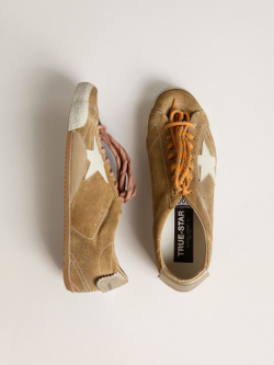 True Star in tobacco-colored suede with white star and platinum heel tab