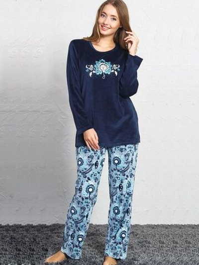 Оригинальный велюровый комплект с прямыми брючками (Размер: M) (Цвет: синий с голубым)