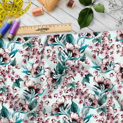 Ткань флис крупные цветы яблони на зелёном фоне