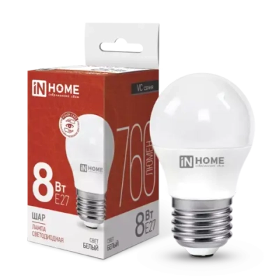 Лампа светодиодная LED-ШАР-VC 8Вт 230В Е27 4000К БЕЛЫЙ 760Лм IN HOME