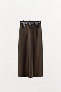 ZARA АТЛАСНАЯ ЮБКА С КРУЖЕВОМ, ЗЕЛЕНЫЙ