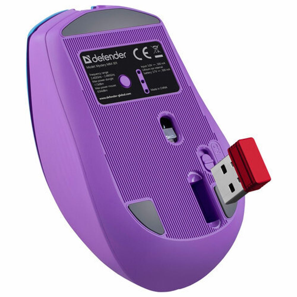 Мышь беспроводная бесшумная DEFENDER Mystery MM-301 LED, 5 кнопок + колесо-кнопка, фиолетовая, 52301