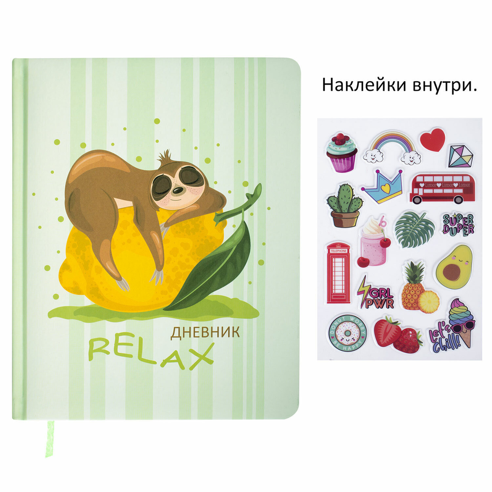 Дневник 1-11 класс 48 л. кожзам (твердая с поролоном) печать наклейки BRAUBERG "Relax" (2 штуки в упаковке)