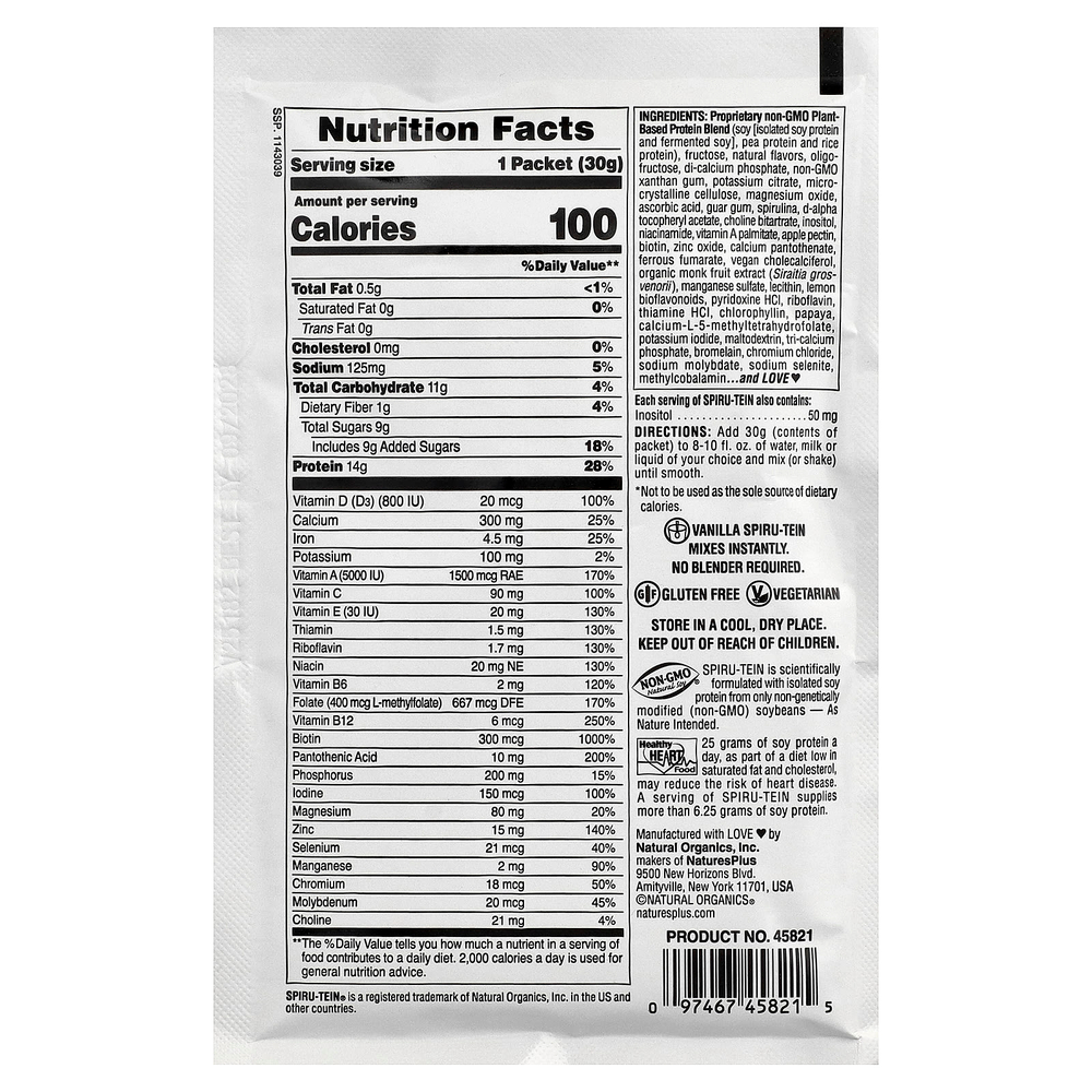 NaturesPlus, Spiru-Tein®, протеиновый порошок, со вкусом ванили, 8 пакетиков по 30 г (1,06 унции)