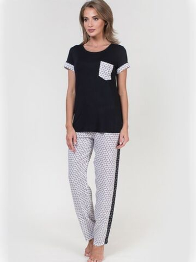 Женская пижама с прямыми принтованными брюками (Размер: L) (Цвет: черный с белым)