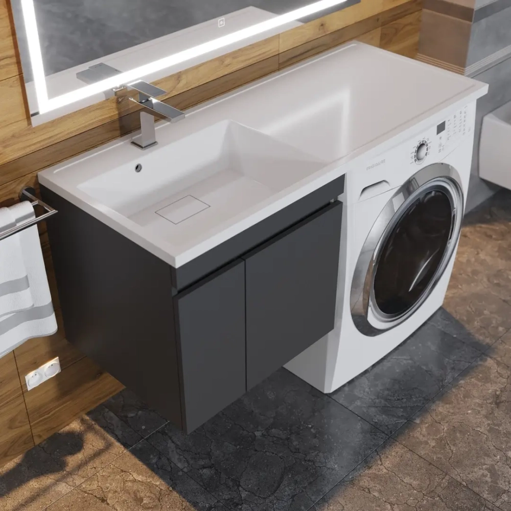 Тумба под стиральную машину с раковиной Uperwood Magenta 60/120 см, подвесная, черная, с дверцами, левая