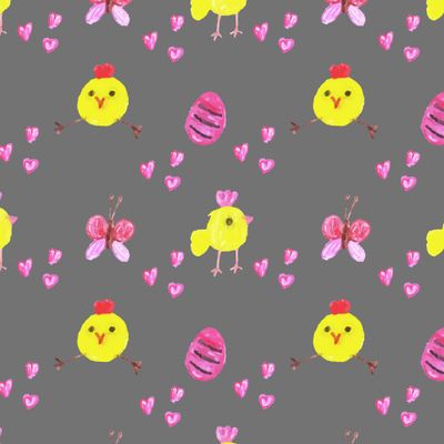 Цыплёнок, бабочка и пасхальные яйца на сером.