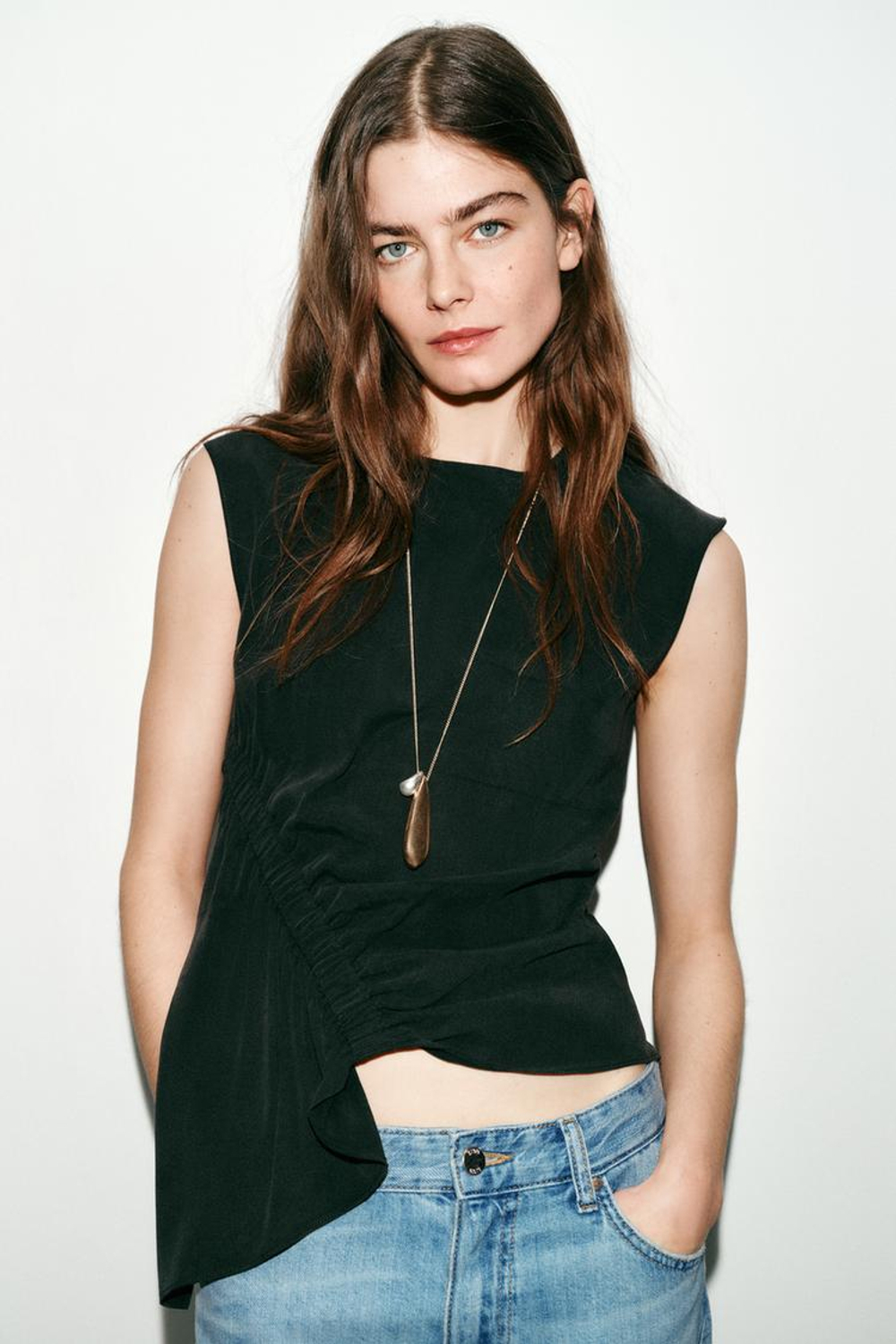 ZARA ТОП БЕЗ РУКАВОВ СО СБОРКАМИ, ЧЕРНЫЙ