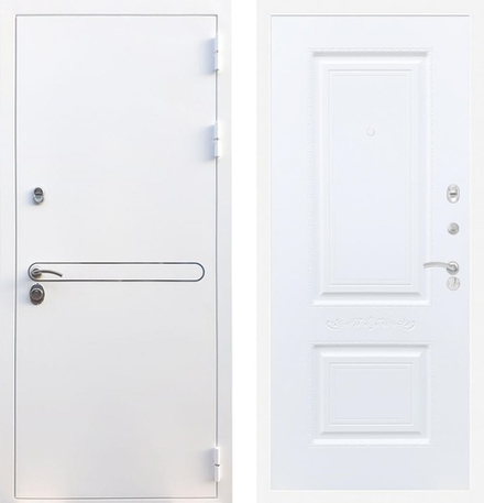 Входная дверь  белая Рекс Лайн Вайт белая шагрень / Смальта эмаль белая (белый матовый, без текстуры) с узором 16мм