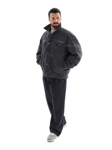 Графитовый пуховик на пуговицах с эффектом варки