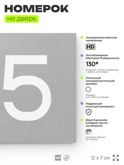 Номер на дверь 145, табличка на дверь для офиса, квартиры, кабинета, аудитории, склада, серый 120х70 мм, Айдентика Технолоджи