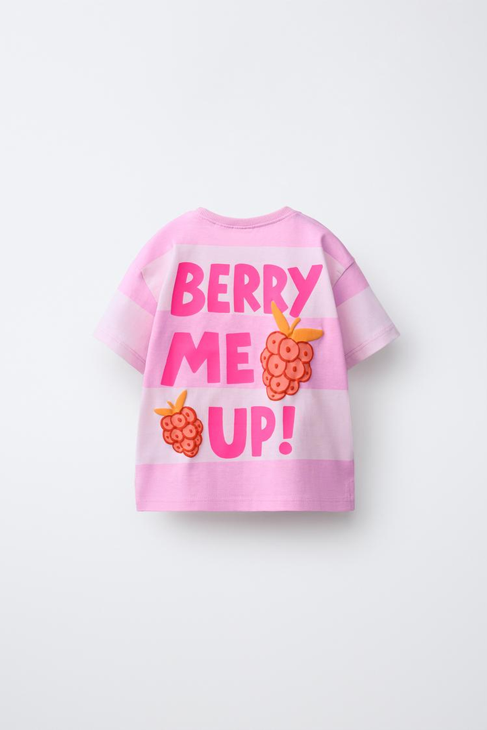 ZARA ФУТБОЛКА В ПОЛОСКУ С РЕЛЬЕФНЫМ ПРИНТОМ ФРУКТОВ, РОЗОВЫЙ