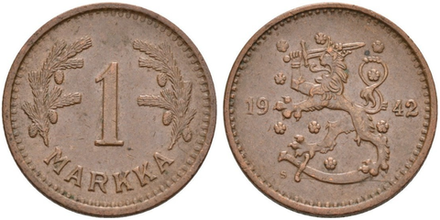Финляндия 1 марка, 1940 - 1951 Герб XF