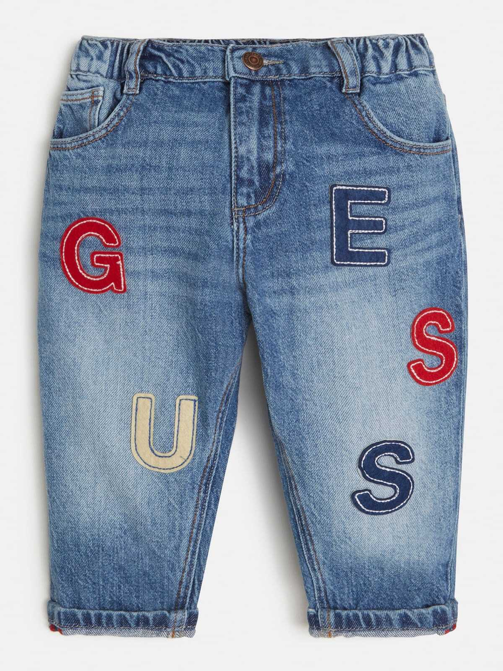 Брюки джинсовые GUESS Синий/Выбеленный/Аппликации: разноцветные буквы Мальчик