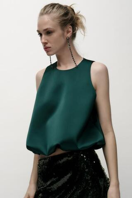 ZARA АТЛАСНЫЙ ТОП ОБЪЕМНОГО КРОЯ, ЗЕЛЕНЫЙ