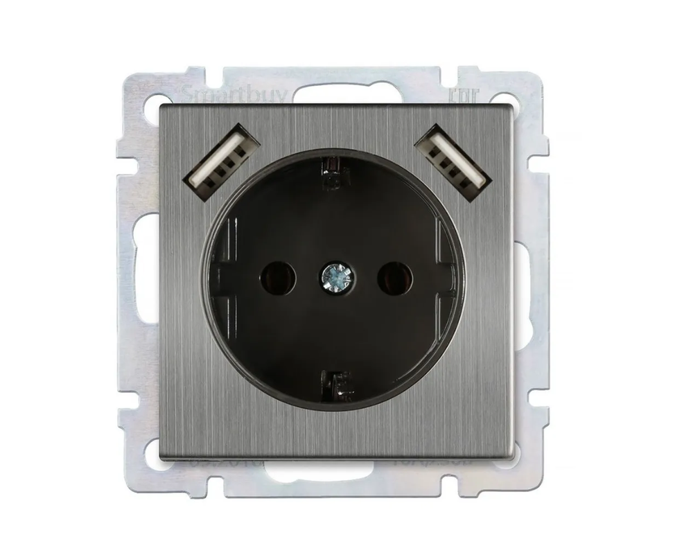 Розетка Smartbuy с заземлением и 2-мя USB 16А "Нептун" (SBE-05gn-16-S1-USB), серый никель