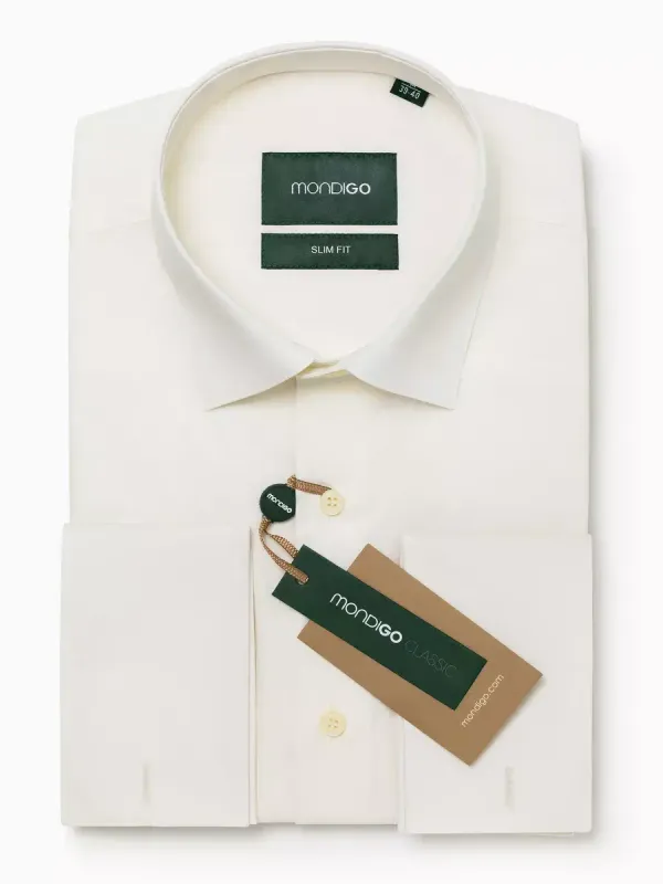 Рубашка под запонки приталенная SLIM FIT с длинным рукавом, молочная