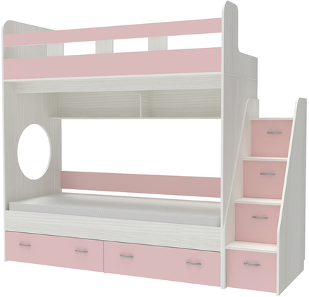 Двухъярусная кровать КарИВи Юниор 1 80х190 Белое Дерево Розовый