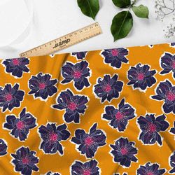 Ткань барби синие цветы на горчичном фоне