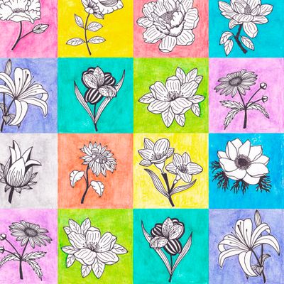 Seamless watercolor pattern of squares and flowers.