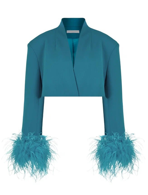 Жакет укороченный с перьями на рукавах, бирюзовый