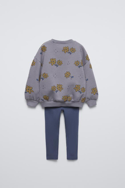 ZARA КОМПЛЕКТ ИЗ ТОЛСТОВКИ С ЦВЕТОЧНЫМ ПРИНТОМ И ЛЕГИНСОВ В РУБЧИК, АНТРАЦИТОВО-СЕРЫЙ