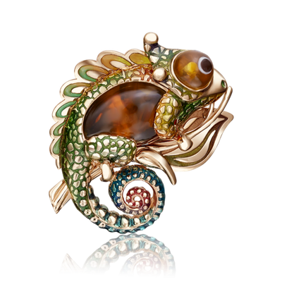 Брошь «Хамелеон» из красного золота с янтарём и эмалью