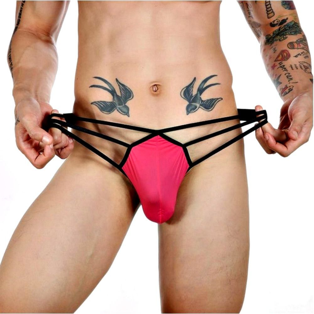 Розовые сексуальные трусы-стринги на тонких черных бретелях (Размер: XL) (Цвет: розовый с черным)