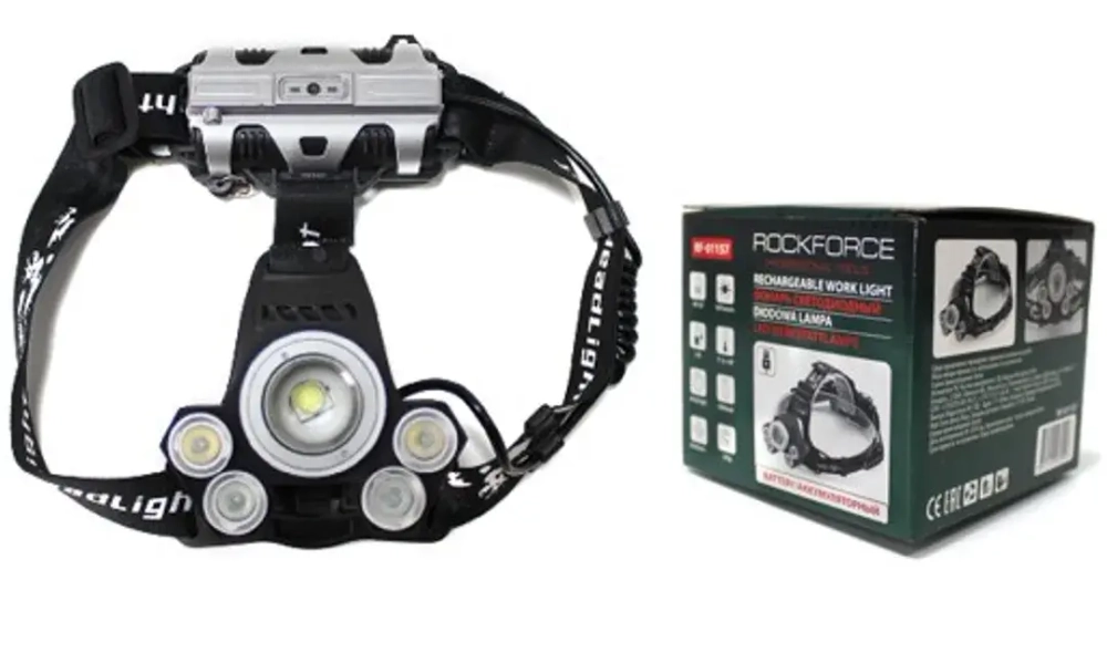 Фонарь светодиодный аккумуляторный налобный(5W LED,500Lm,2000mAh,зарядка12V,время раб.4ч,время заряд.5ч,защита гнезда зарядки,синий/белый/желтый свет) RockForce##Rock FORCE RF-01157