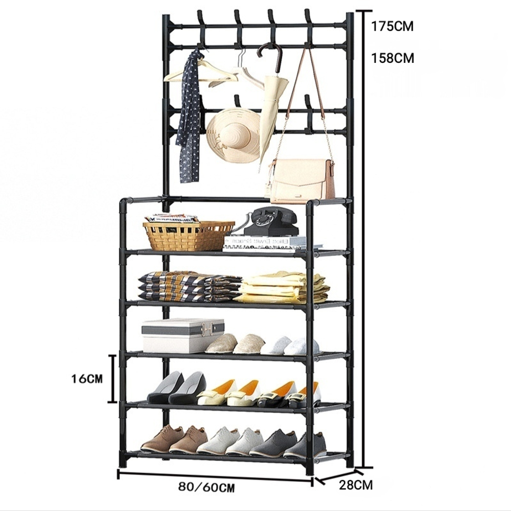Напольная вешалка для обуви и одежды с полками и крючками 2в1 "New simple floor Clothes Rack" 4яруса- 80х28х158 / 5ярусов- 80х28х175см