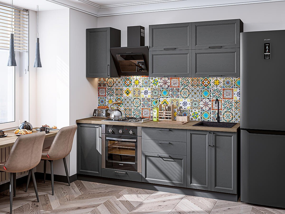 Прямая модульная кухня Сканди-01 Stormy Silkwood - Graphite 2140*2200*600