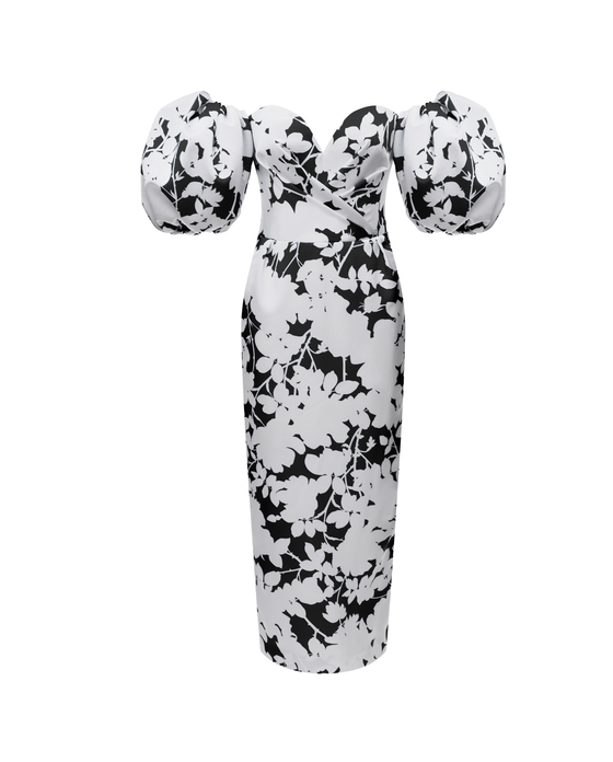 Платье миди корсетное  с объемными рукавами из сатина с принтом