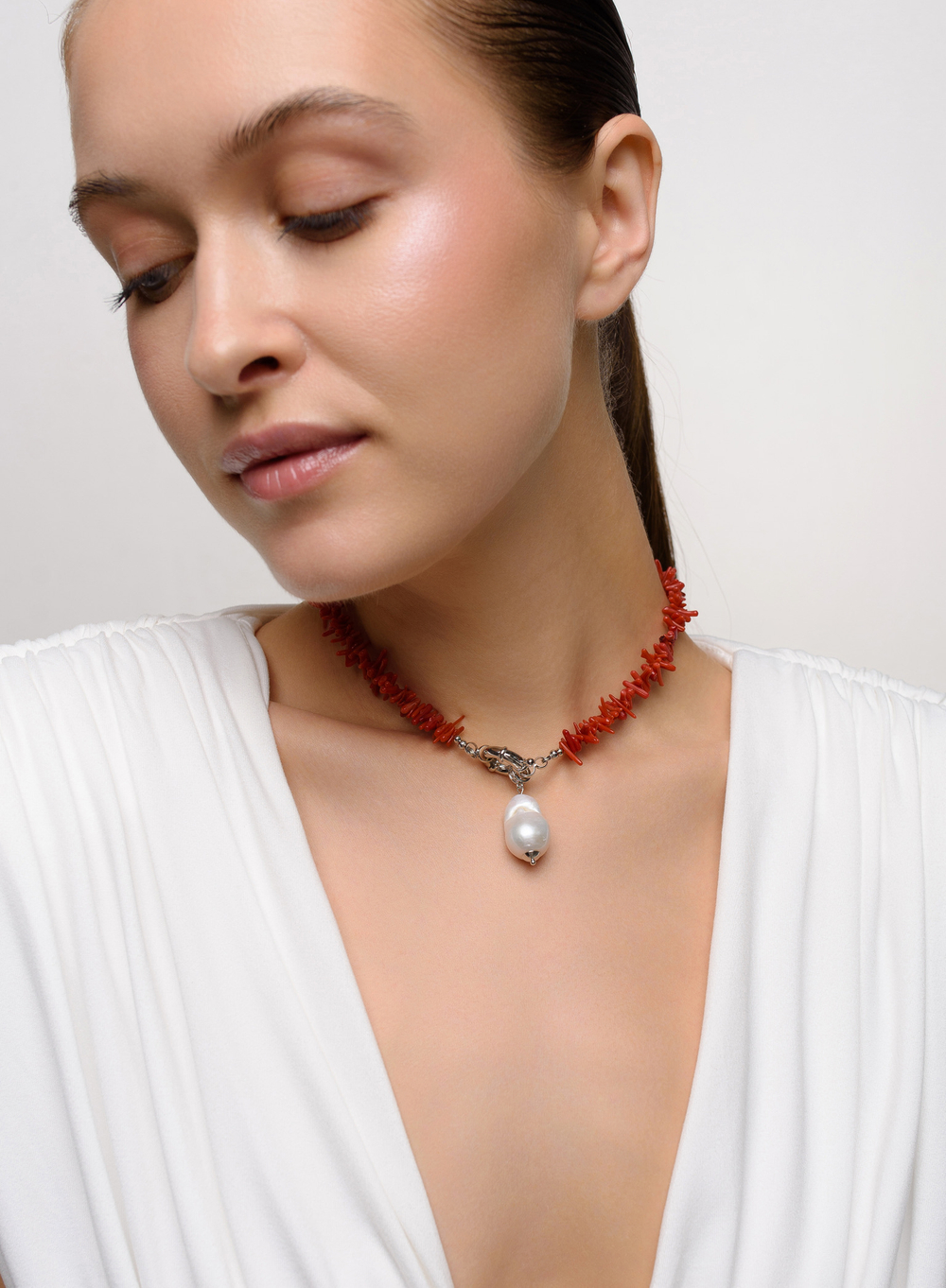 Колье Carmine Coral Pearl Silver