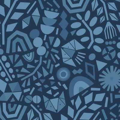 Геометрические синие цветы и лисы коты