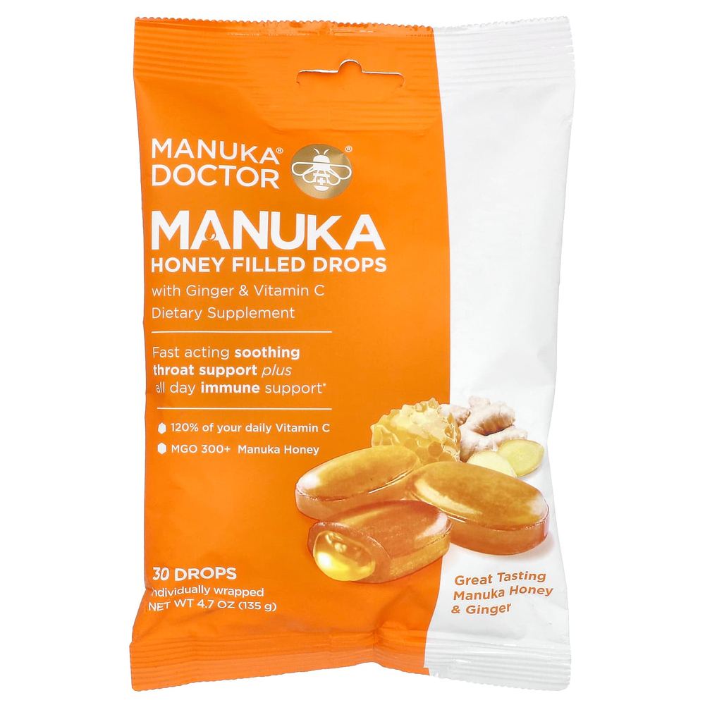 Manuka Doctor, мёд манука в леденцах с имбирём и витамином C, 30 леденцов