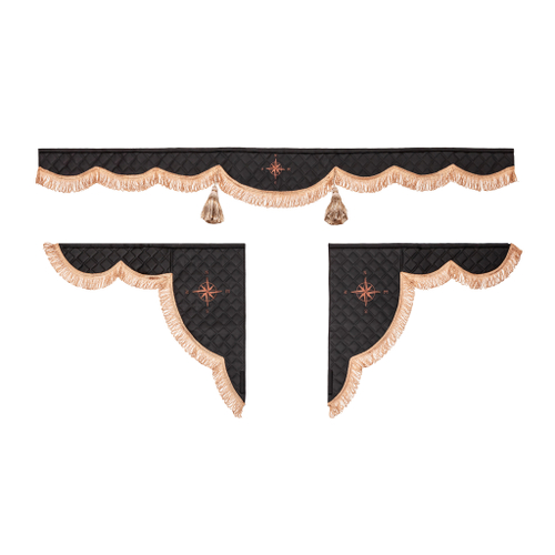 Ламбрекен 1,8м с косынками универсальные стеганые Роза Ветров (экокожа, черный, коричневые кисточки)