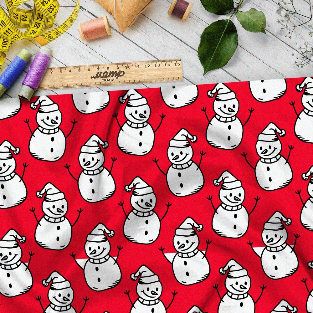 Ткань бифлекс весёлые снеговики на красном фоне