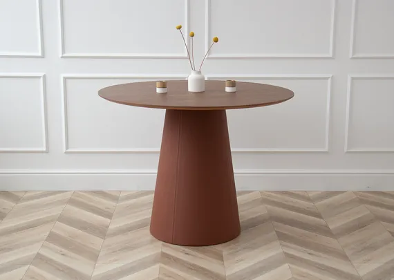 Стол обеденный Lagom D 100 см (орех / кирпичный, кожа)