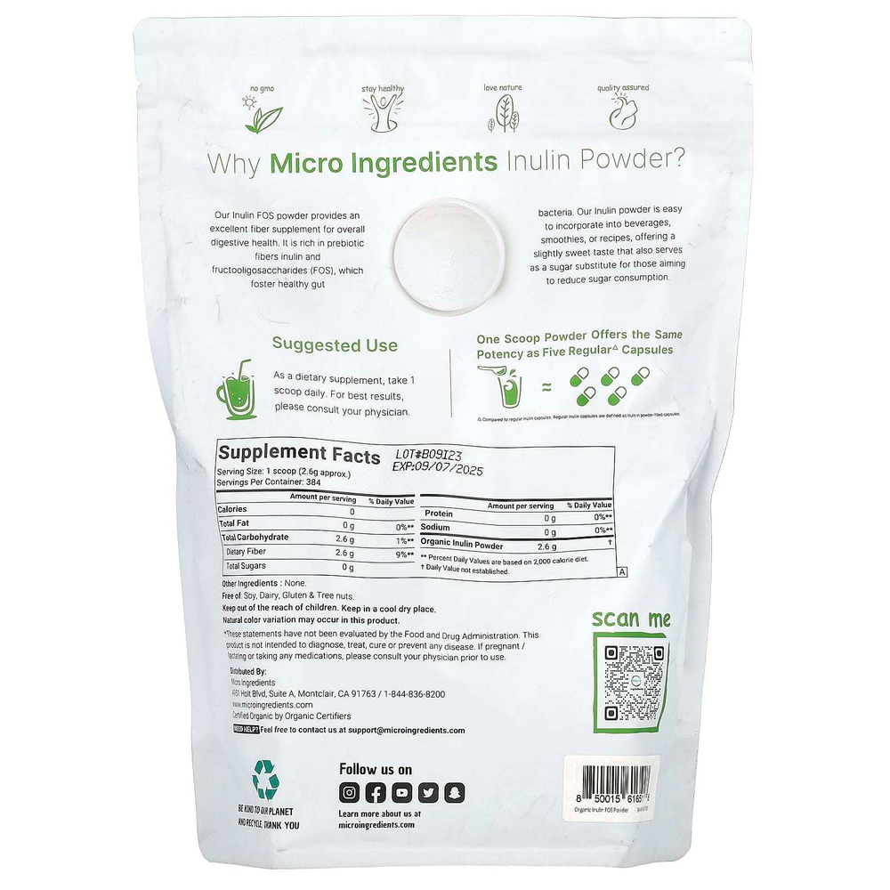 Micro Ingredients, Органический инулин в порошке, без добавок, 998 г (2,2 фунта)