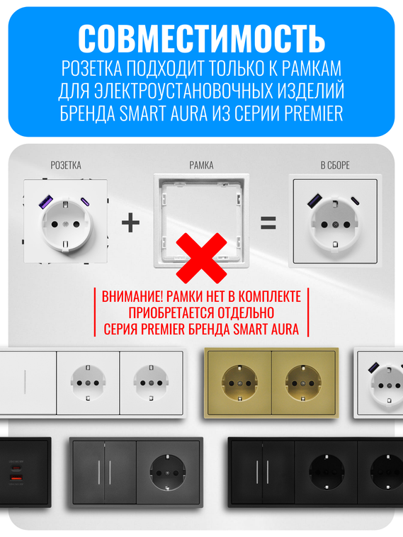Розетка с зарядным устройством USB и Type-C Smart Aura серия PREMIER без рамки