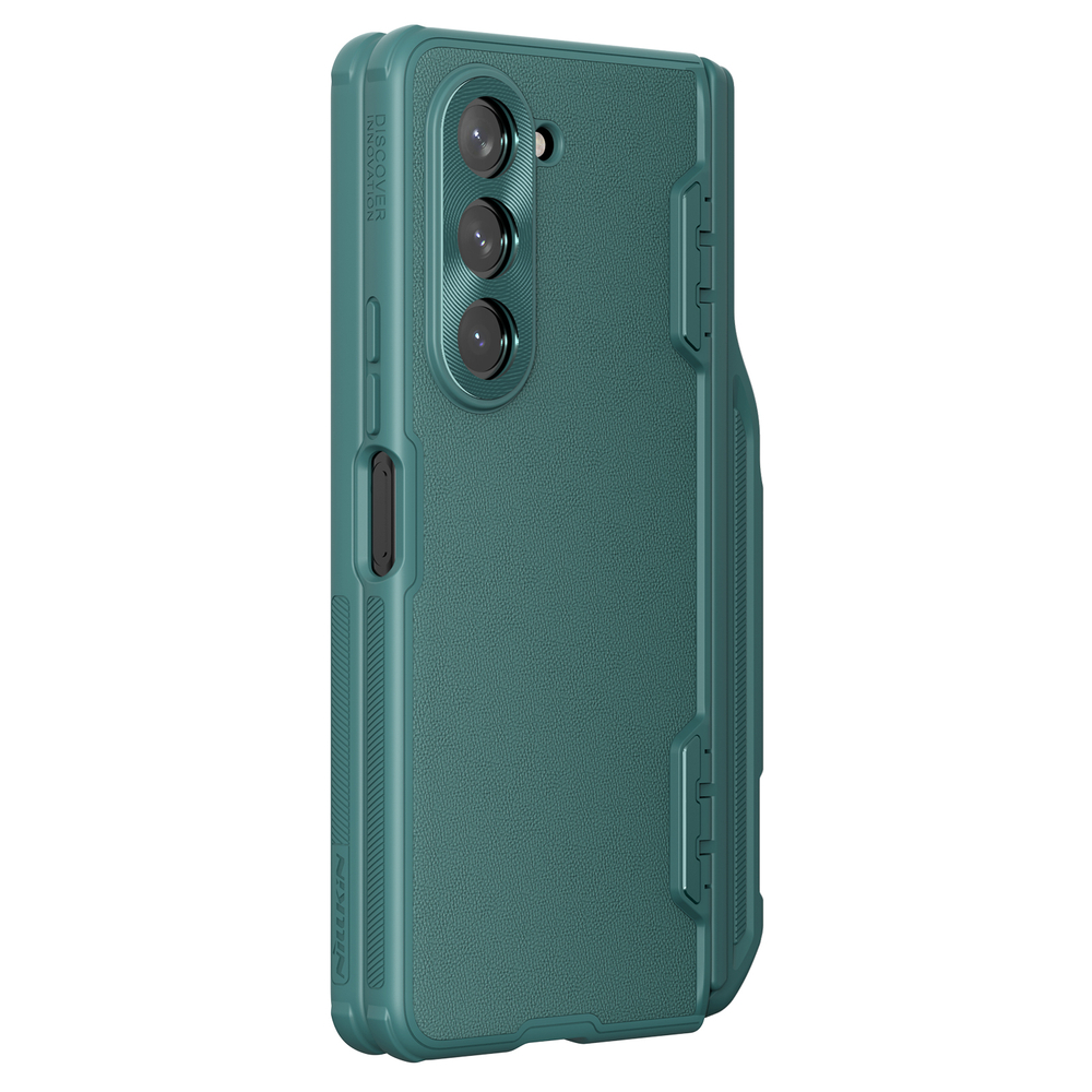 Чехол зеленого цвета от Nillkin с вставки из кожи на Samsung Galaxy Z Fold 5, серия CamShield Fold Leather, в комплекте со съемным держателем для S Pen