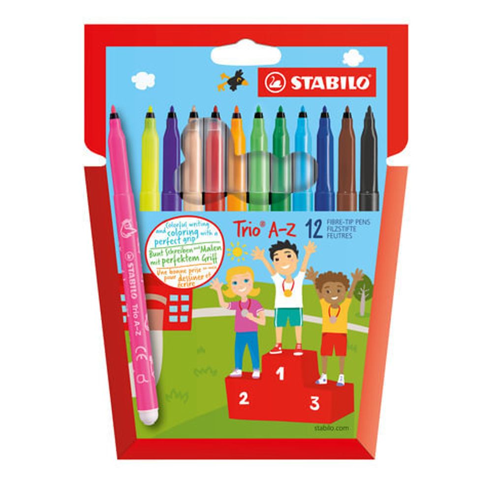Фломастеры STABILO "Trio", 12 цветов, трехгранная зона обхвата, толщина линии 0,7 мм, картонный футляр, 378/1, 378/1-12-01