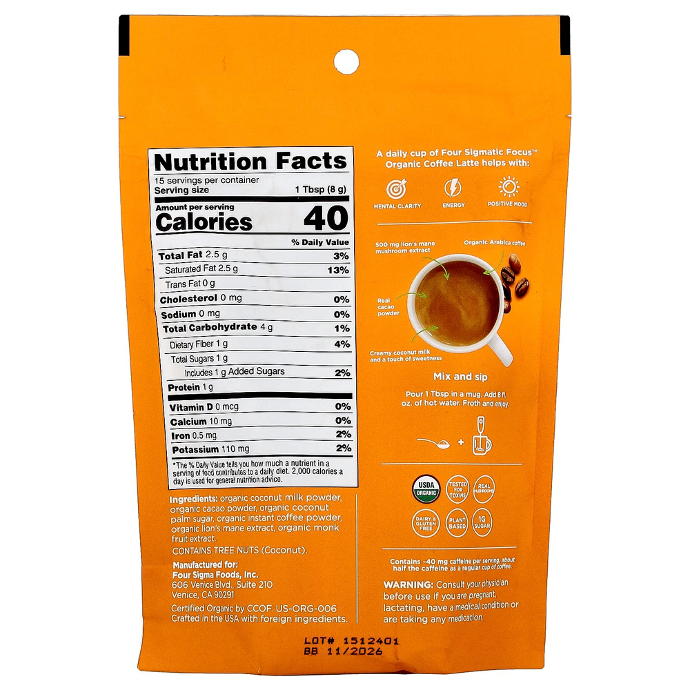 Four Sigmatic, Focus, органический растворимый кофе латте с ежовиком гребенчатым, вкус мокко, 120 г (4,23 унции)